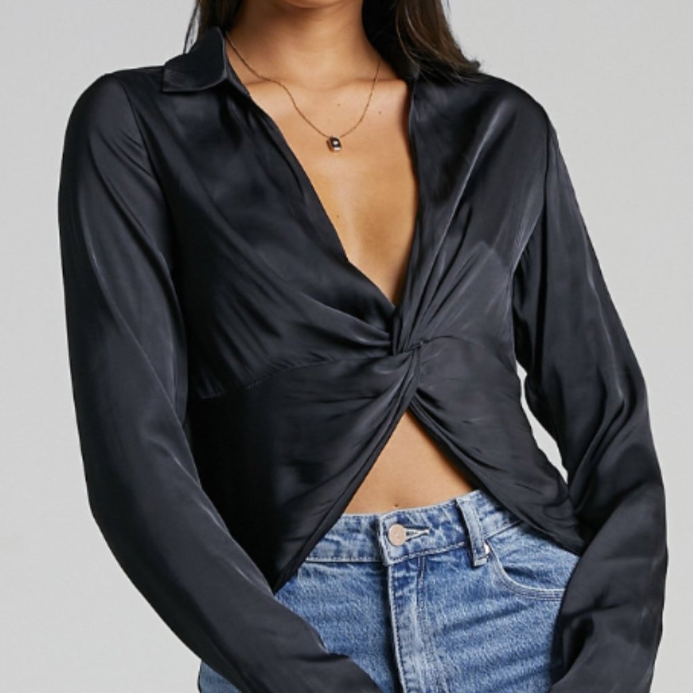 Elexis Twist Front Long Sleeve Top - Black Satin